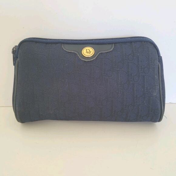 Christian Dior Vintage Trotter Navy Blue Cosmetic Travel Bag Small Zip Pouch - Picture 1 of 12
